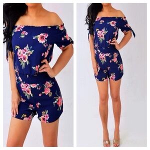 Rue21 Floral Off-Shoulder Jumpsuit - Navy and Pink